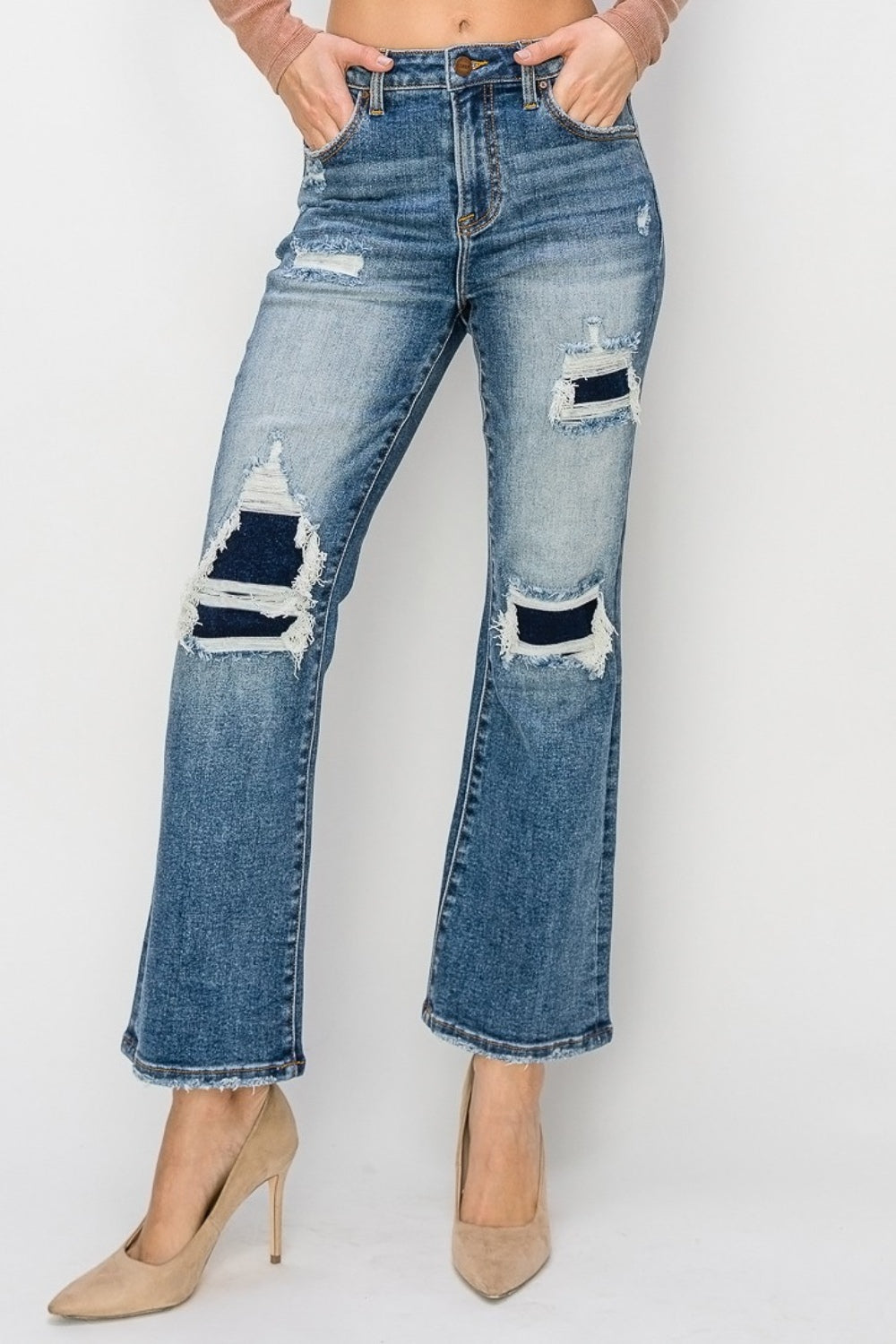 Risen Full Size High Rise Distressed Ankle Flare Jeans - Jeans - FITGGINS