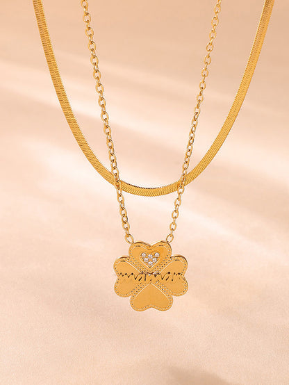 2 Piece 18K Gold-Plated Inlaid Zircon Lucky Clover Necklace - Necklaces - FITGGINS