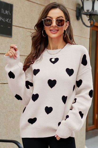 Woven Right Heart Pattern Lantern Sleeve Round Neck Tunic Sweater Beige Black Fitggins