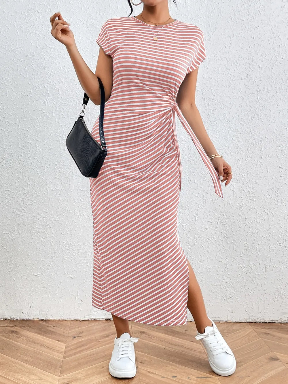 Honey Tied Striped Round Neck Short Sleeve Tee Dress Fitggins