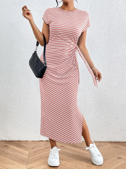 Honey Tied Striped Round Neck Short Sleeve Tee Dress Fitggins