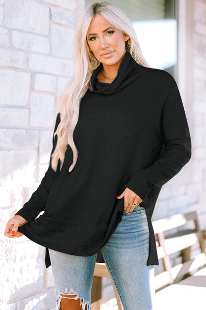 Cowl Neck Long Sleeve Slit Blouse - Blouses - FITGGINS