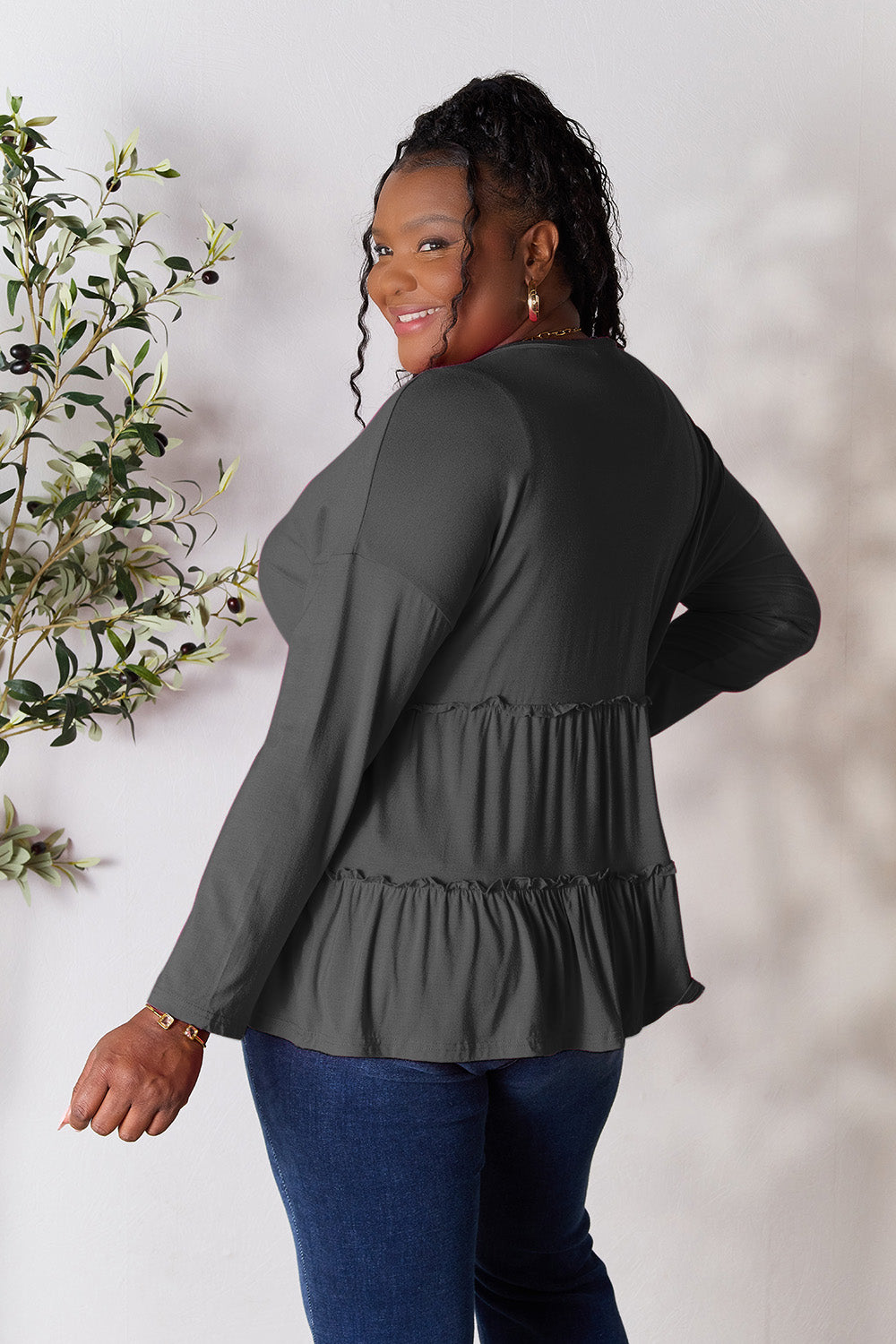 Double Take Half Button Long Sleeve Ruffle Hem Blouse - Blouses - FITGGINS