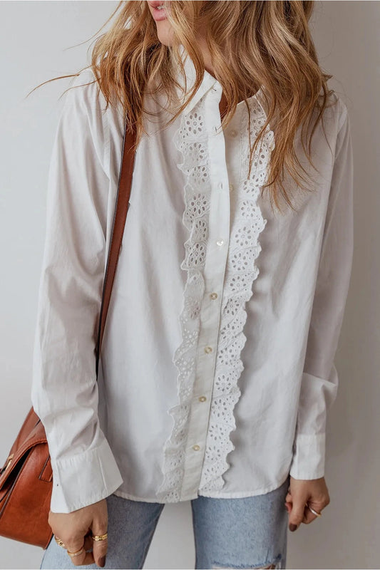 Eyelet Button Down Long Sleeve Shirt White Fitggins
