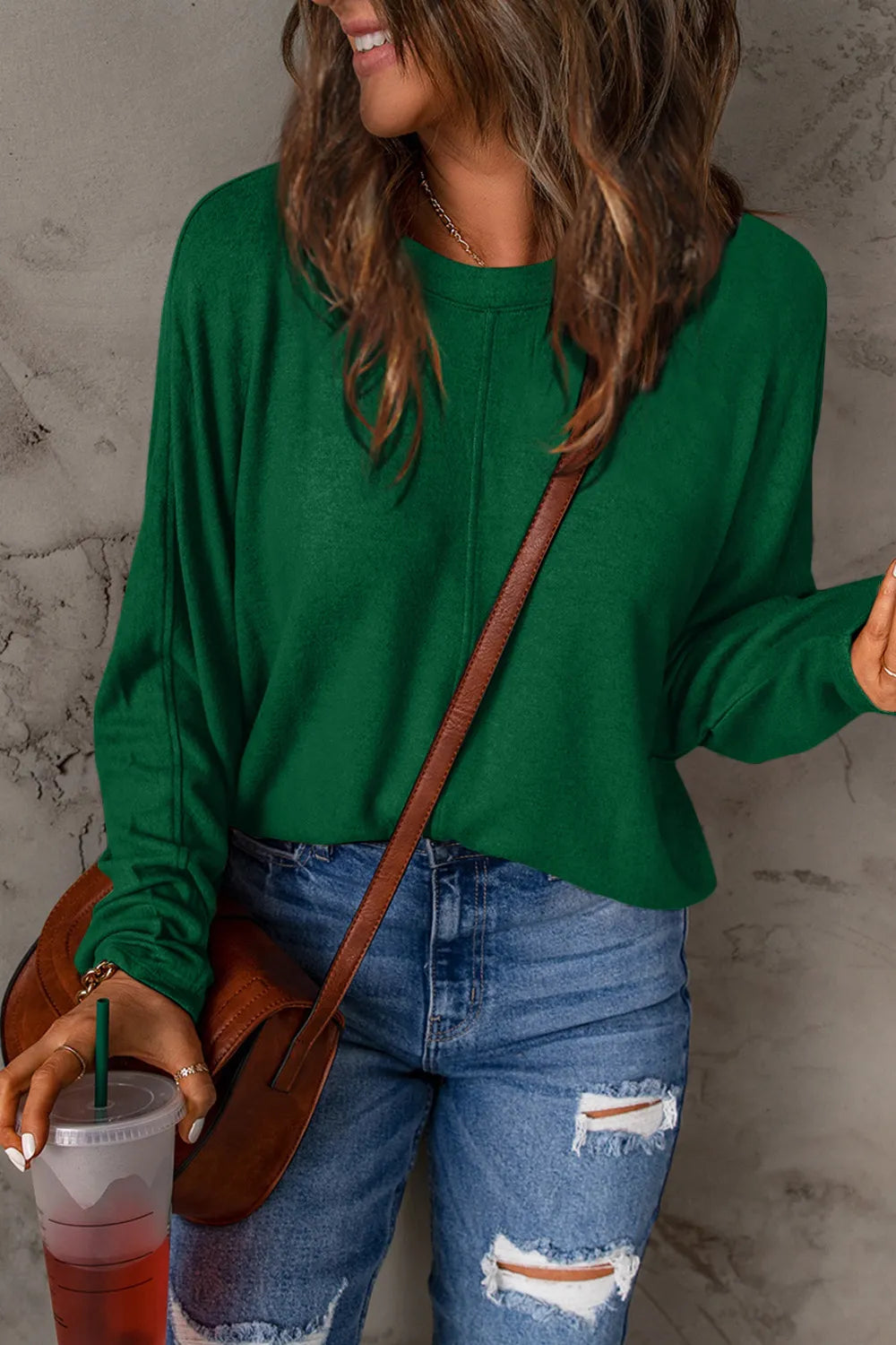 Double Take Full Size Round Neck Long Sleeve T-Shirt Green Fitggins