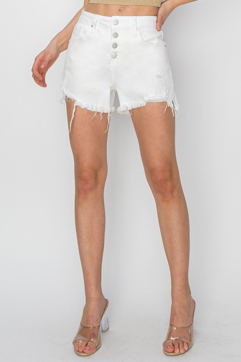 RISEN Button Fly Frayed Hem Denim Shorts - Denim Shorts - FITGGINS