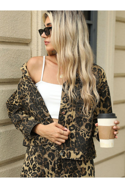 Pocketed Leopard Long Sleeve Denim Jacket - Denim Jackets - FITGGINS