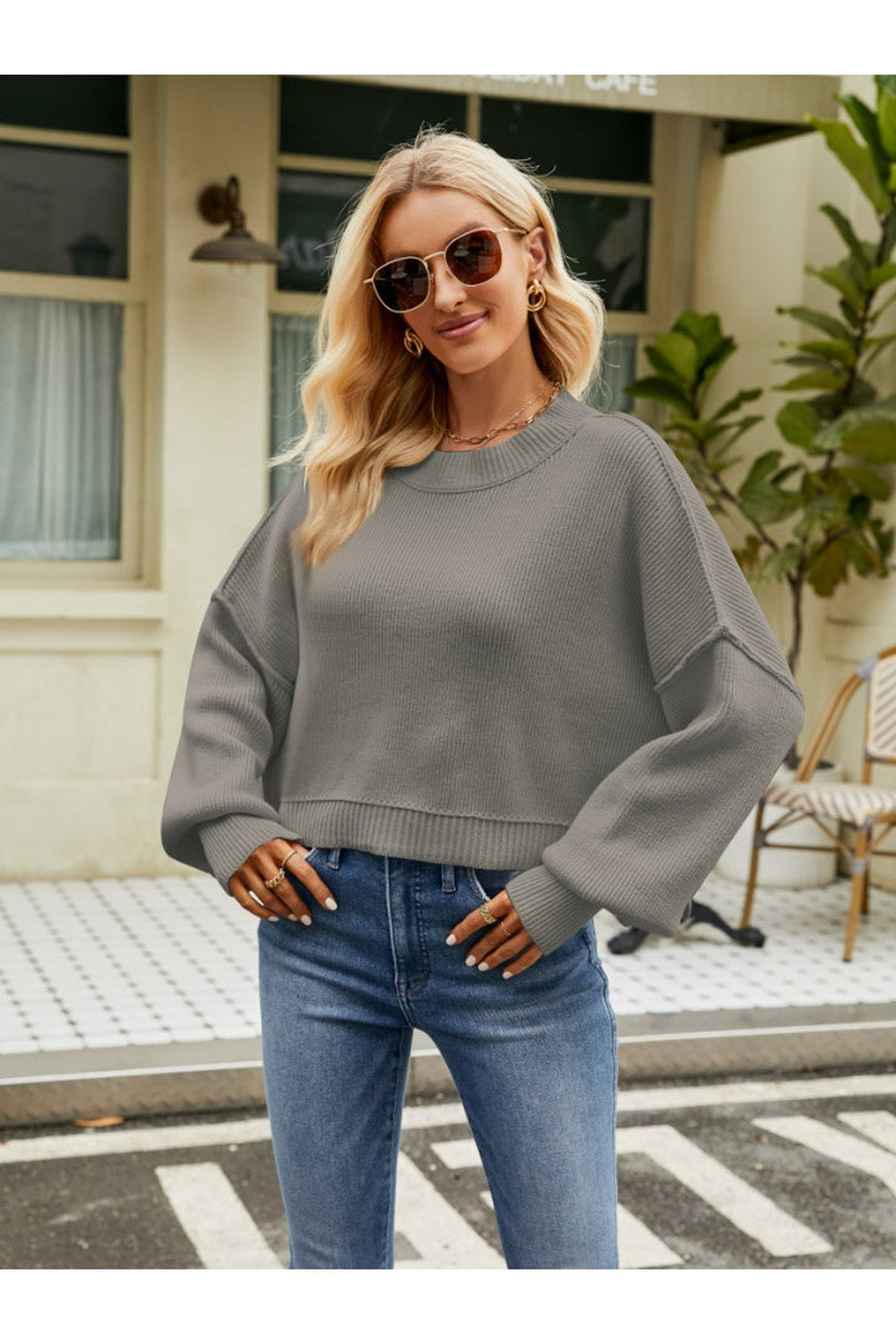 Round Neck Lantern Sleeve Sweater - Pullover Sweaters - FITGGINS