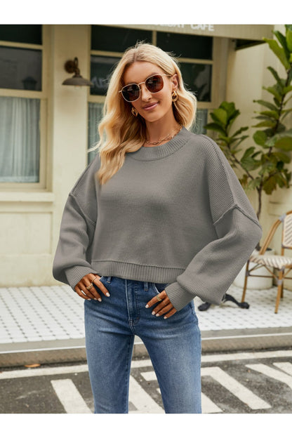 Round Neck Lantern Sleeve Sweater - Pullover Sweaters - FITGGINS