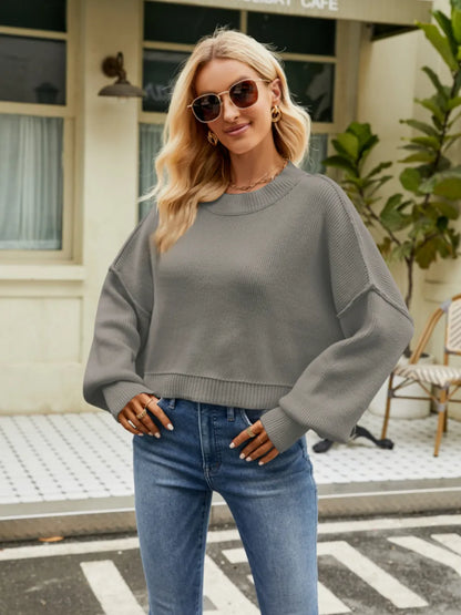 Round Neck Lantern Sleeve Sweater Charcoal Fitggins
