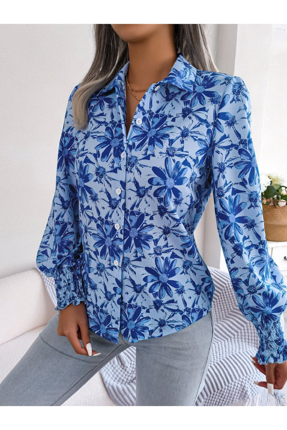 Floral Collared Neck Long Sleeve Shirt - Shirts - FITGGINS