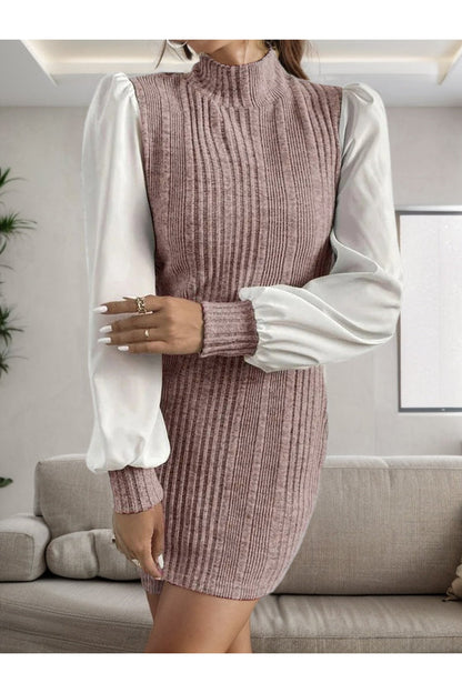 Ribbed Contrast Long Sleeve Sweater Dress - Sweater Dresses - FITGGINS