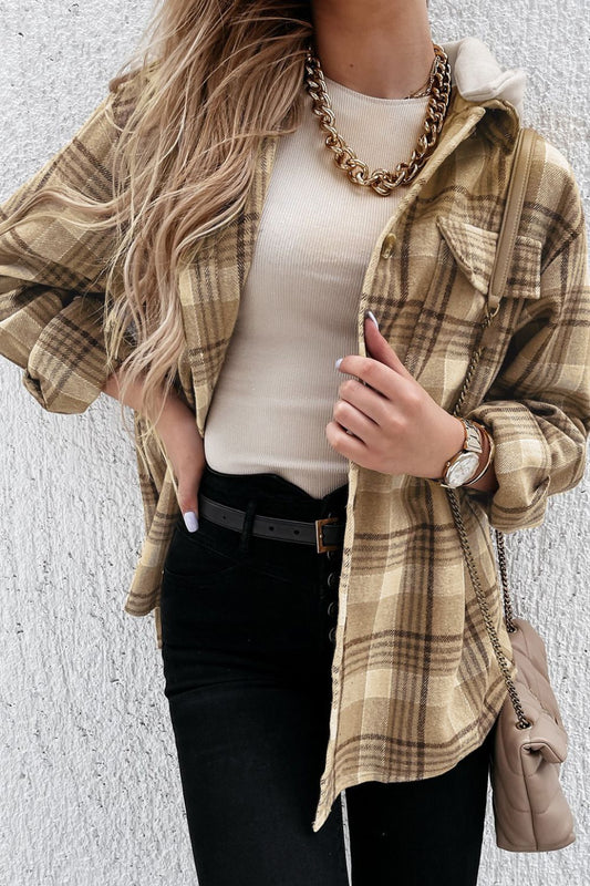 Plaid Button Up Long Sleeve Hooded Jacket - Jackets - FITGGINS