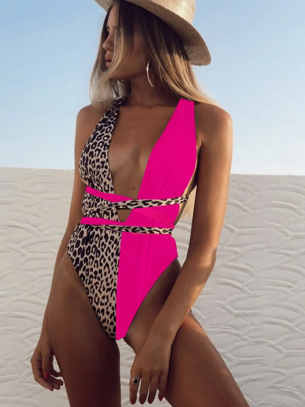 Tied Leopard Plunge One-Piece Swimsuit Fitggins