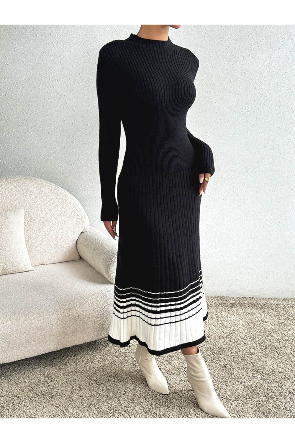 Contrast Mock Neck Long Sleeve Sweater Dress - Sweater Dresses - FITGGINS