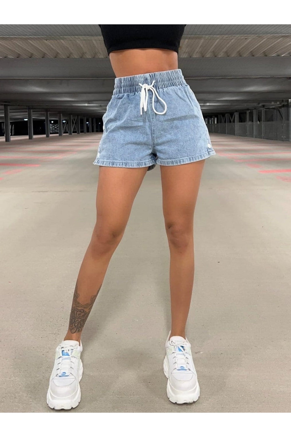 Drawstring High Waist Denim Shorts - Denim Shorts - FITGGINS