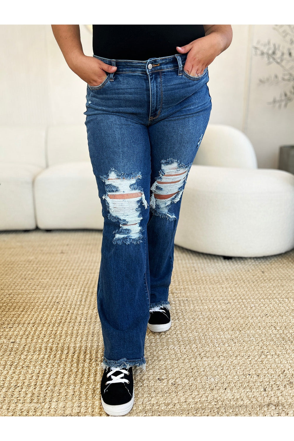 Judy Blue Full Size Mid Rise Distressed Raw Hem Jeans - Jeans - FITGGINS