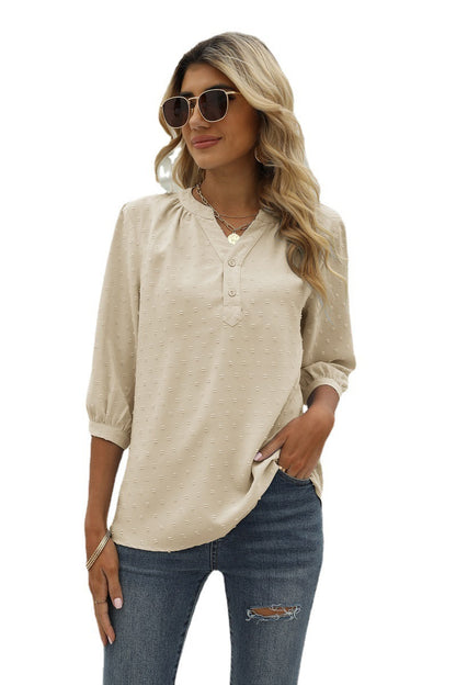 Swiss Dot Notched Neck Three-Quarter Sleeve Blouse Fitggins