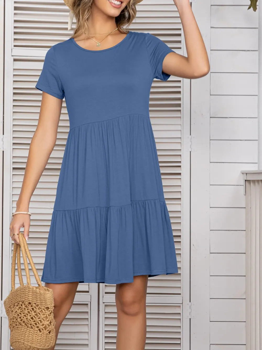 Round Neck Short Sleeve Mini Tee Dress Fitggins