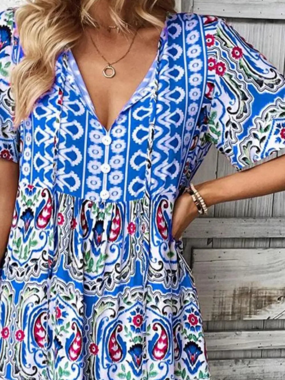 Printed Tie Neck Short Sleeve Dress Fitggins