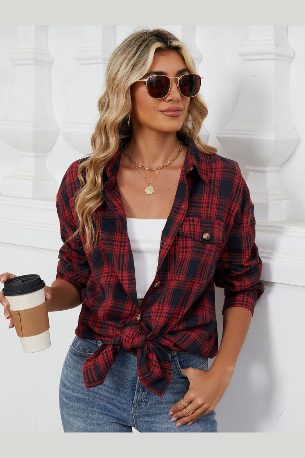 Plaid Collared Neck Long Sleeve Shirt - Shirts - FITGGINS