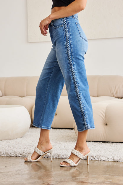 Judy Blue Full Size Braid Side Detail Wide Leg Jeans - Jeans - FITGGINS