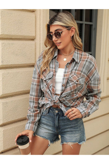 Pocketed Plaid Collared Neck Long Sleeve Shirt - Shirts - FITGGINS