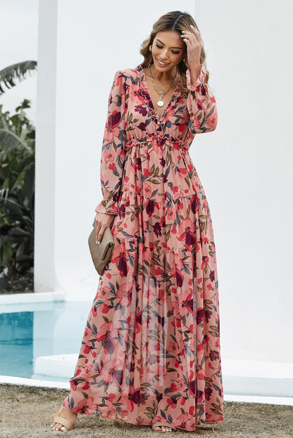 Floral Frill Trim Flounce Sleeve Plunge Maxi Dress Fitggins