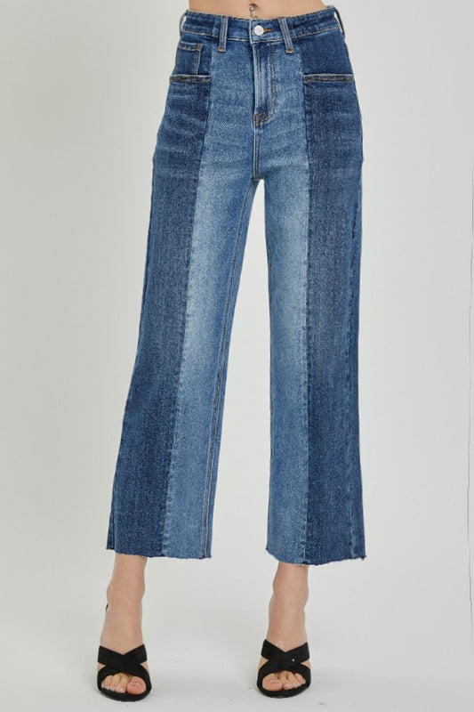 RISEN Full Size Mid-Rise Waist Two-Tones Jeans with Pockets - Jeans - FITGGINS