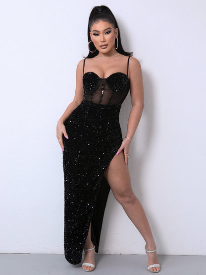 Sequin Spliced Mesh Adjustable Strap Dress Black Fitggins