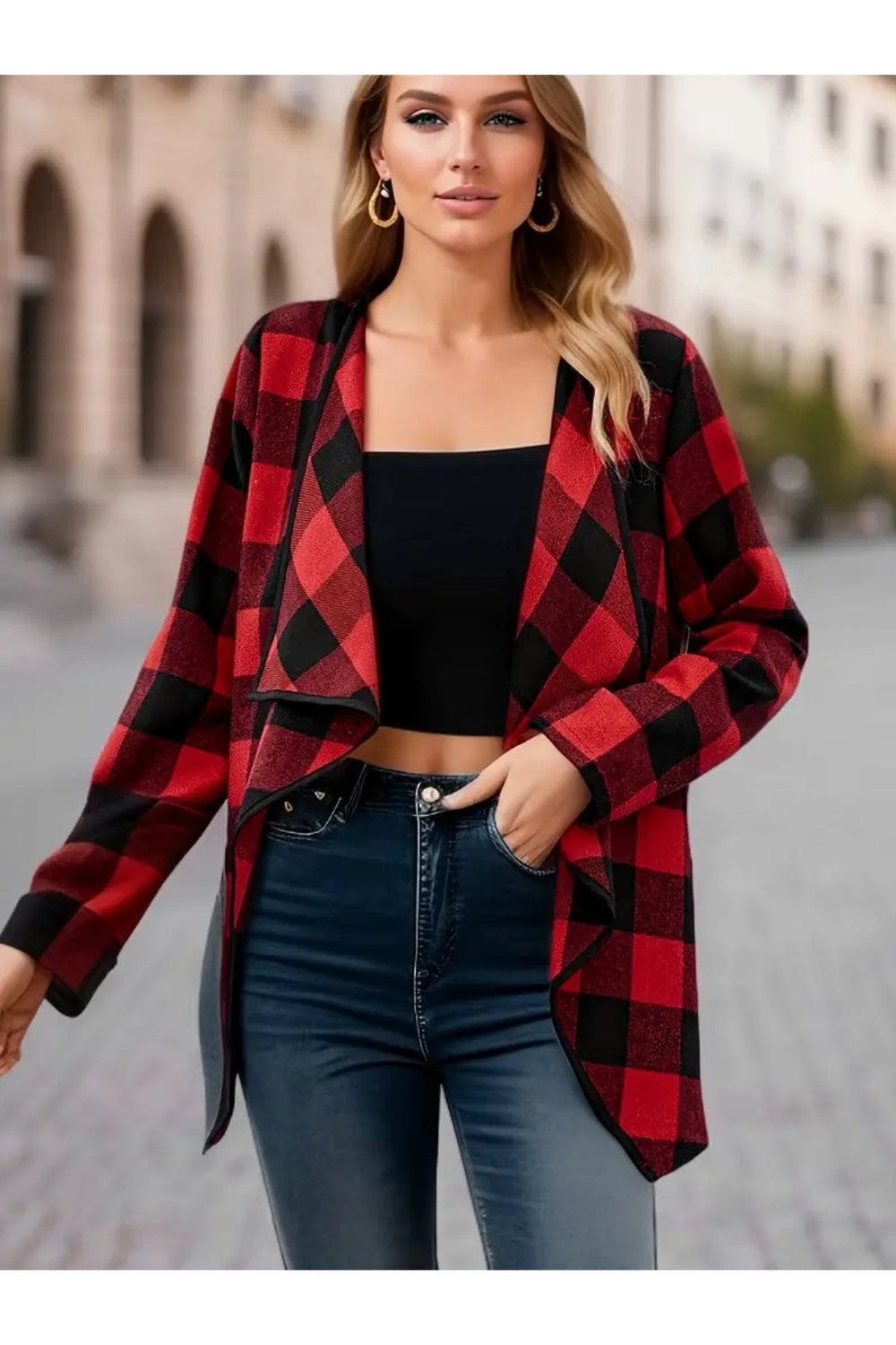 Plaid Open Front Long Sleeve Jacket - Jackets - FITGGINS