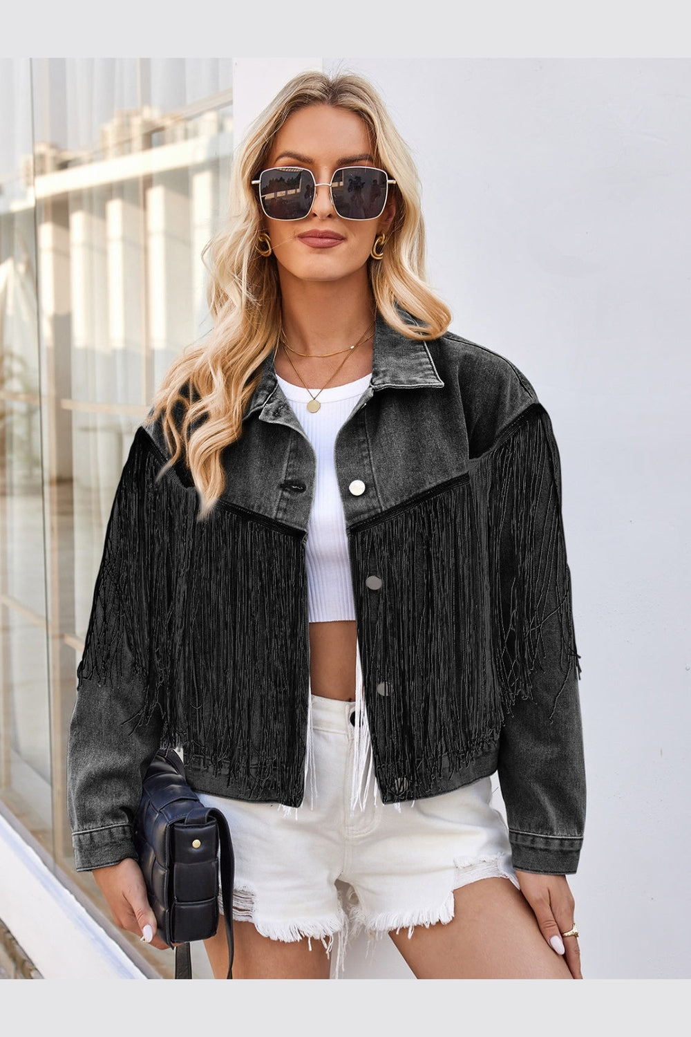 Tassel Button Up Dropped Shoulder Denim Jacket - Denim Jackets - FITGGINS