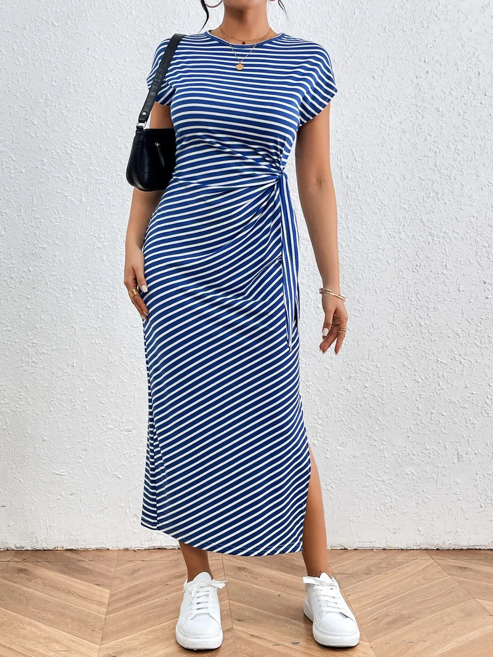 Honey Tied Striped Round Neck Short Sleeve Tee Dress Fitggins