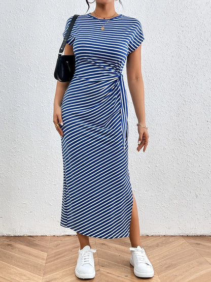 Honey Tied Striped Round Neck Short Sleeve Tee Dress Fitggins