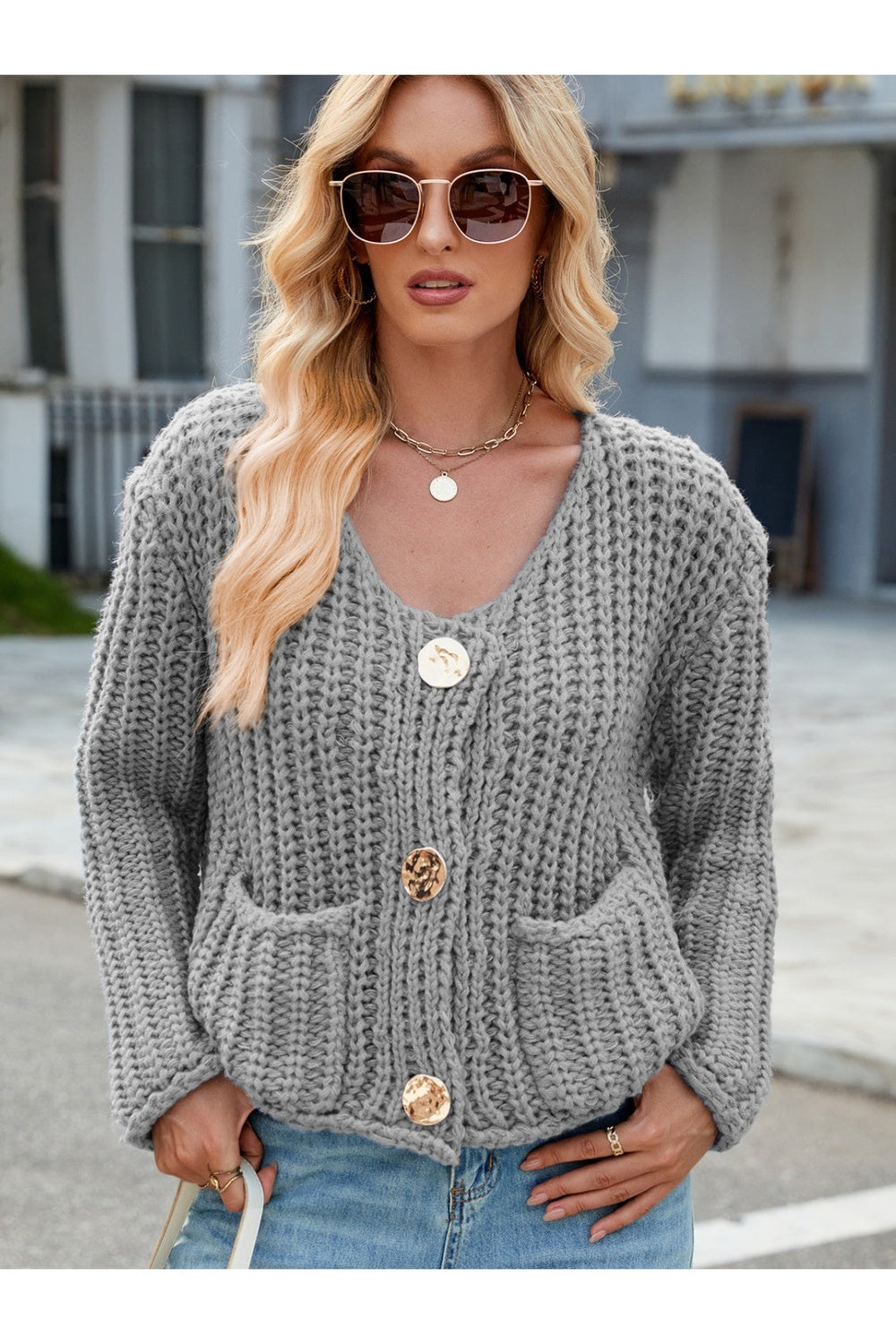 Round Neck Button Up Cardigan with Pockets - Cardigans - FITGGINS