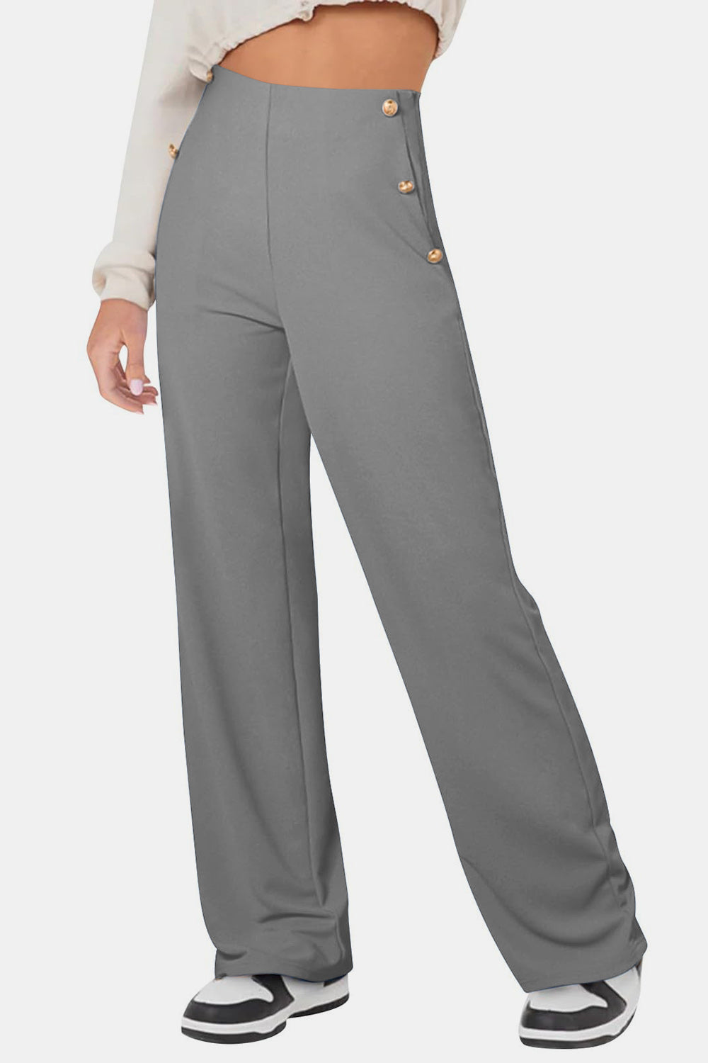 Decorative Button High Rise Pants - Pants - FITGGINS