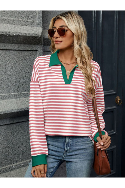 Striped Johnny Collar Long Sleeve Sweatshirt - Sweatshirts & Hoodies - FITGGINS