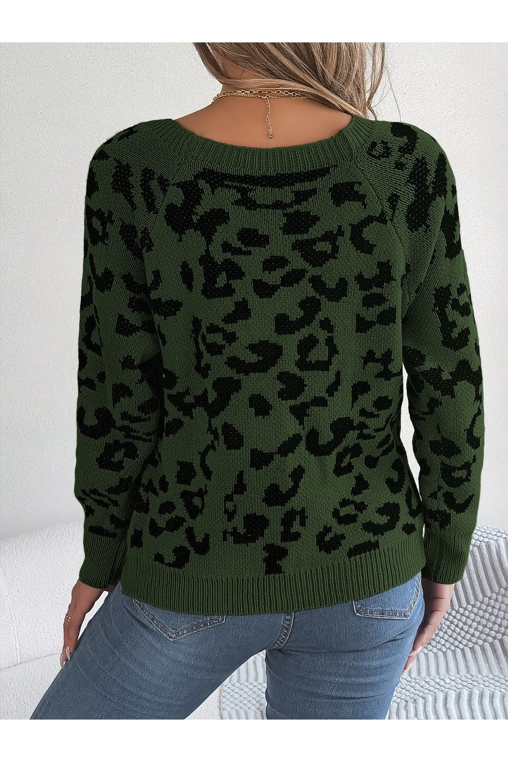 Leopard Buttoned Square Neck Sweater - Pullover Sweaters - FITGGINS