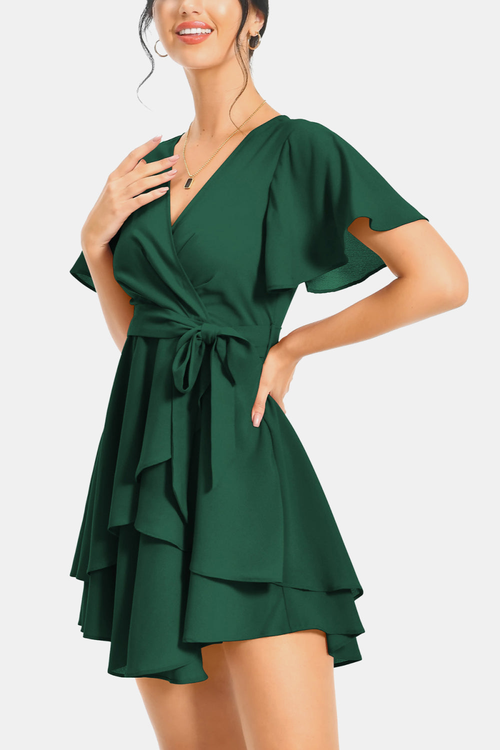 Surplice Neck Flutter Sleeve Dress - Casual & Maxi Dresses - FITGGINS