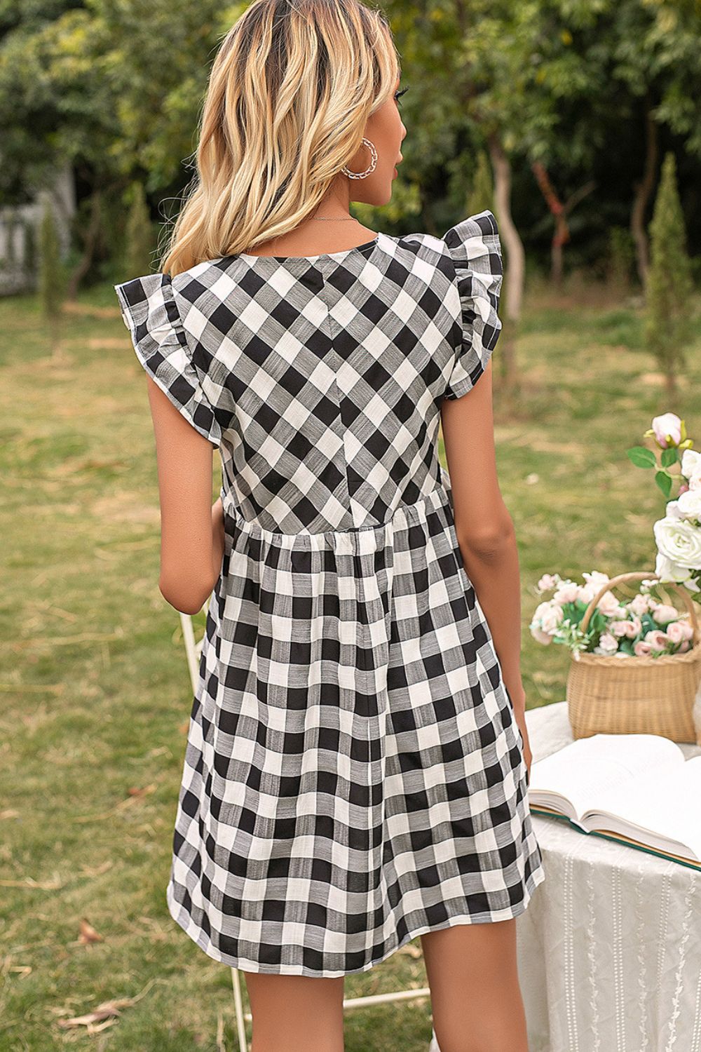 Ivy Lane Plaid Butterfly Sleeve Deep V Dress Fitggins
