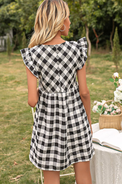 Ivy Lane Plaid Butterfly Sleeve Deep V Dress Fitggins