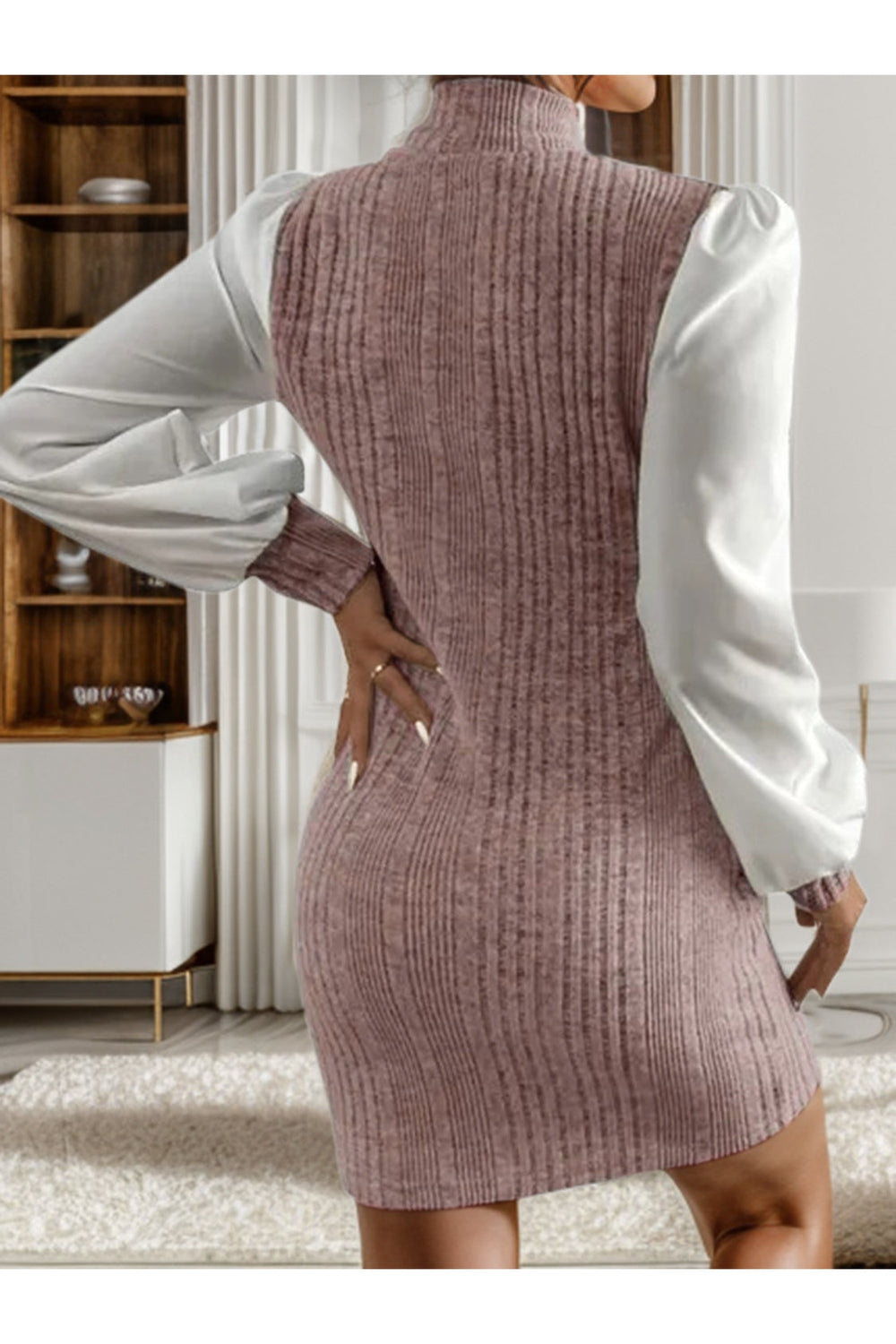 Ribbed Contrast Long Sleeve Sweater Dress - Sweater Dresses - FITGGINS