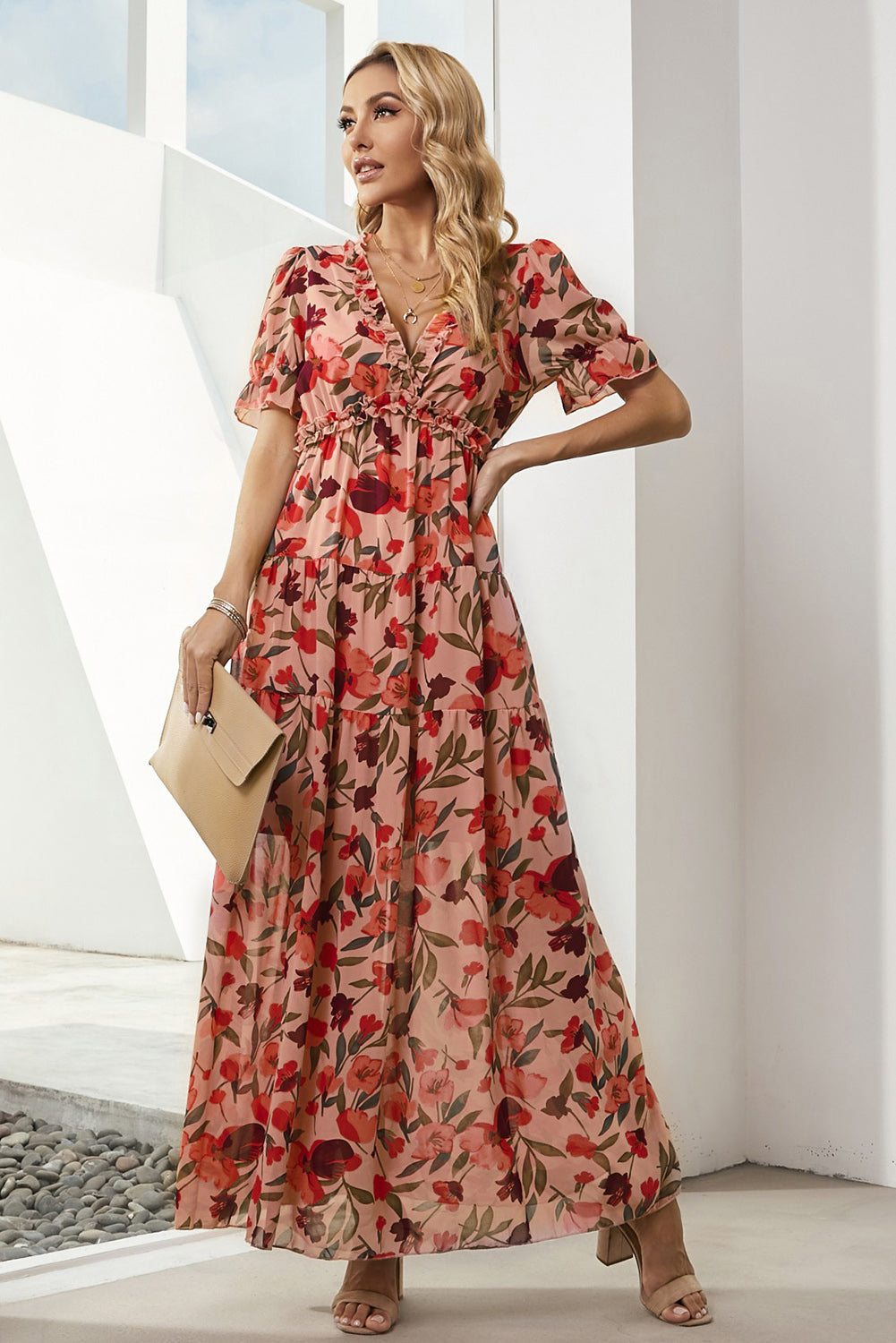 Floral V-Neck Short Flounce Sleeve Dress Fitggins