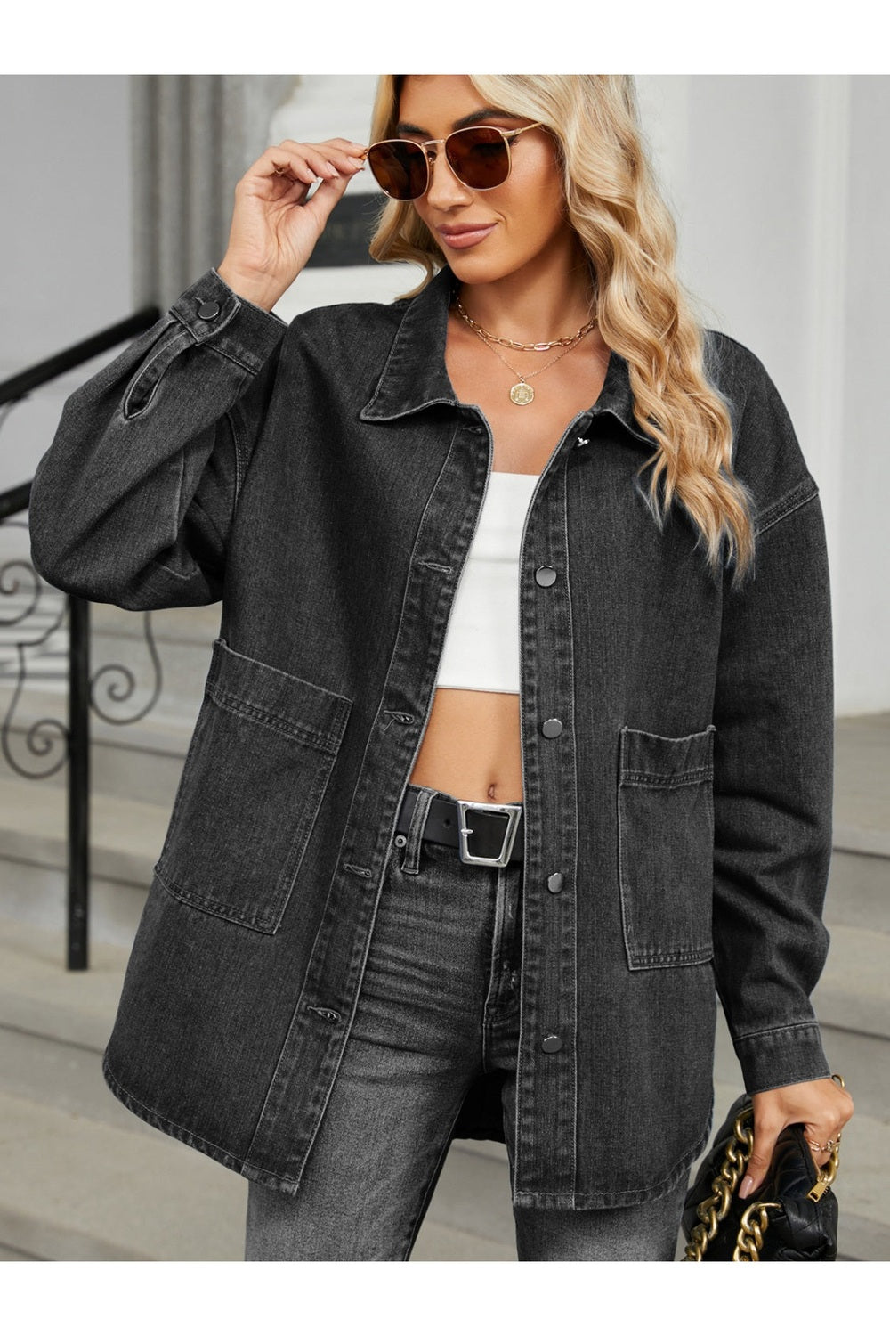 Removable Hood Button Up Long Sleeve Denim Jacket - Denim Jackets - FITGGINS