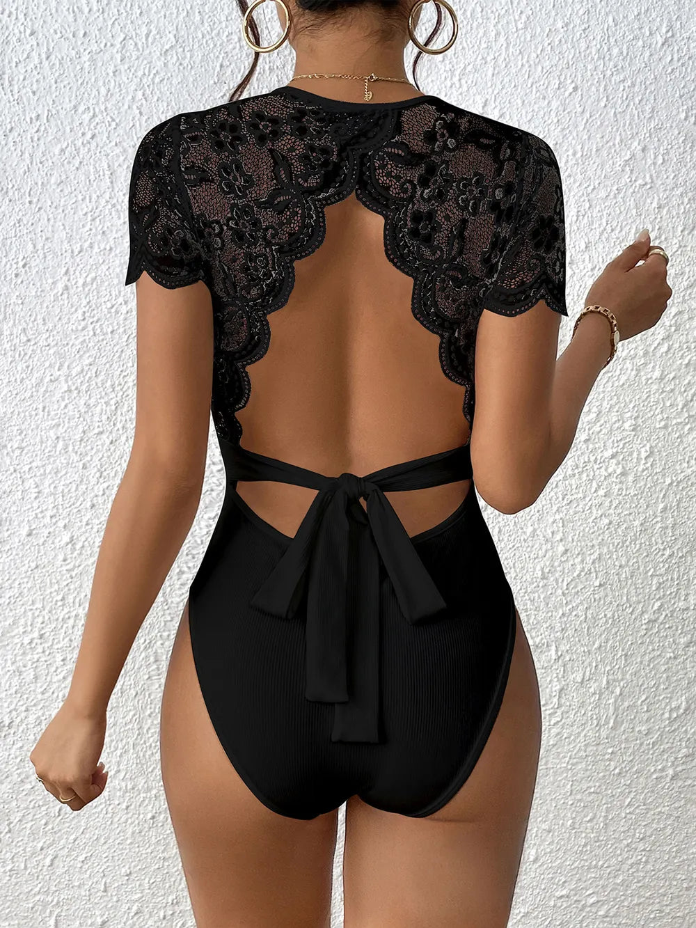 Perfee Lace Backless Round Neck Bodysuit Fitggins