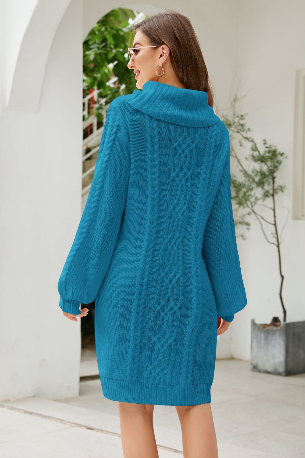 Woven Right Mixed Knit Turtleneck Lantern Sleeve Sweater Dress - Sweater Dresses - FITGGINS