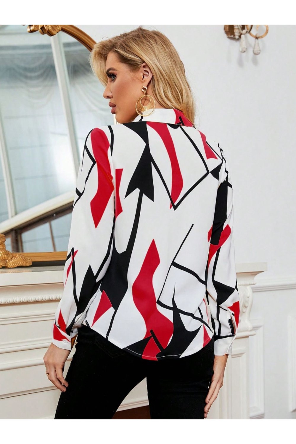 Elegant Printed Collared Neck Long Sleeve Shirt Fitggins