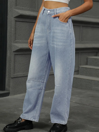 Half Elastic Waist Straight Leg Jeans Fitggins