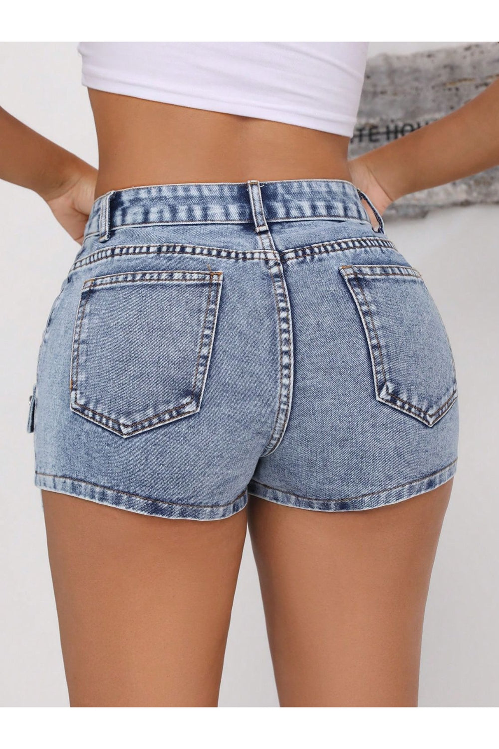 Mid-Rise Waist Denim Shorts with Pockets - Denim Shorts - FITGGINS