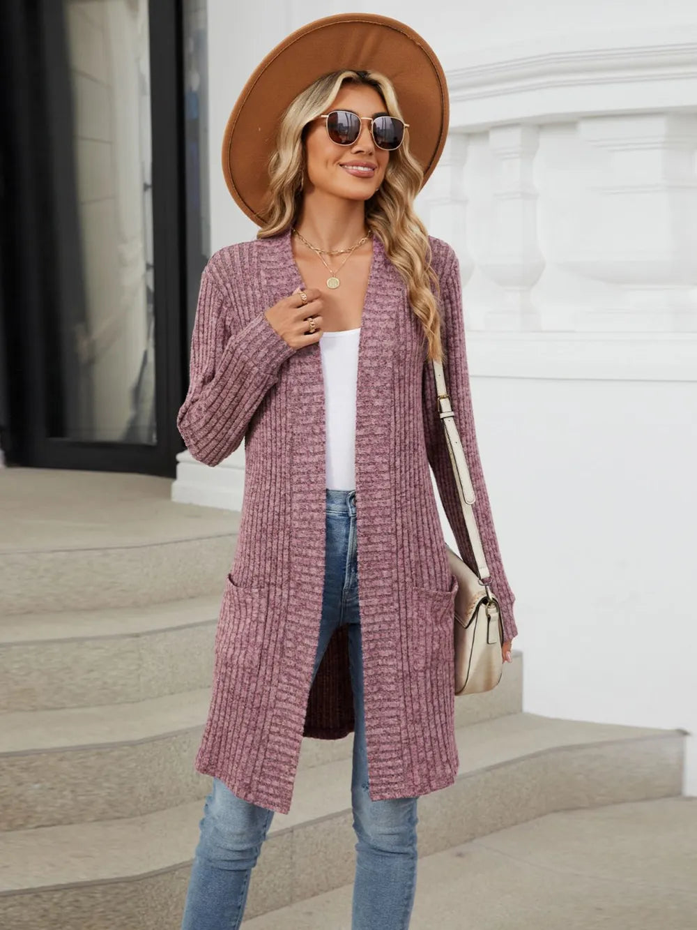 Open Front Long Sleeve Cardigan Deep Purple Fitggins